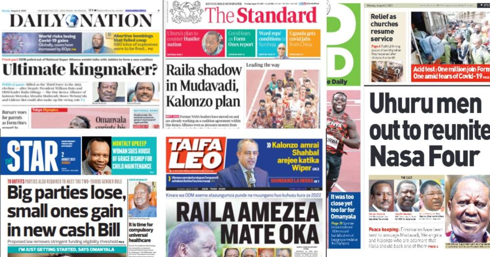 Magazeti Jumatatu, Agosti 2: Raila Adokezea Kuungana Tena na Kalonzo, Mudavadi, Wetangula