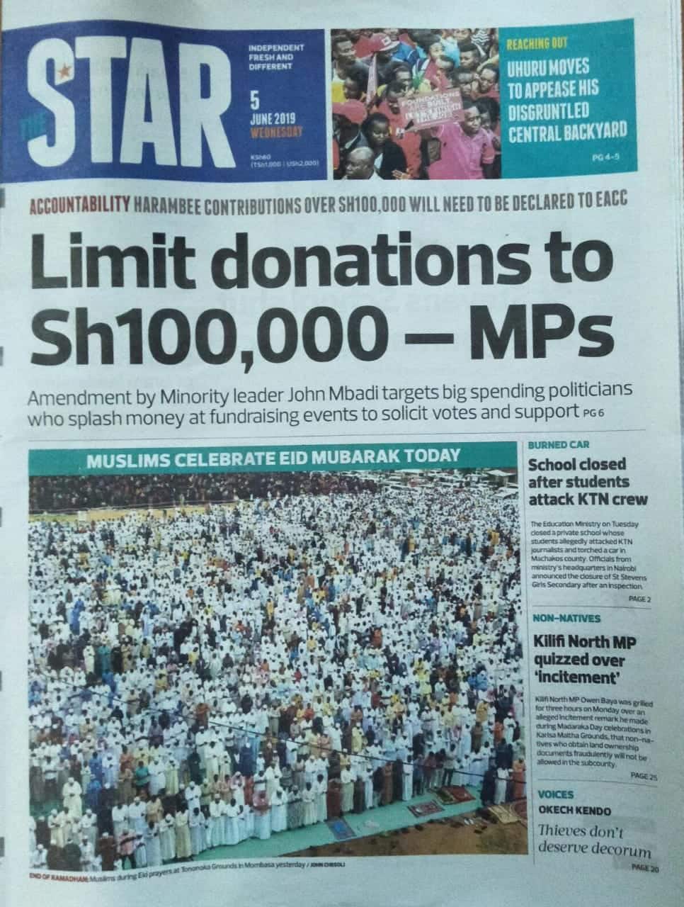 Kenyan newspapers review for June 5: ODM legislator wants state officer's donations limited to KSh 100k