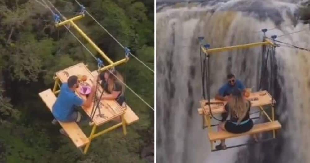 Couple, date, picnic, waterfall, suspended over waterfall, risky picnic, daring date, viral video, trending news.