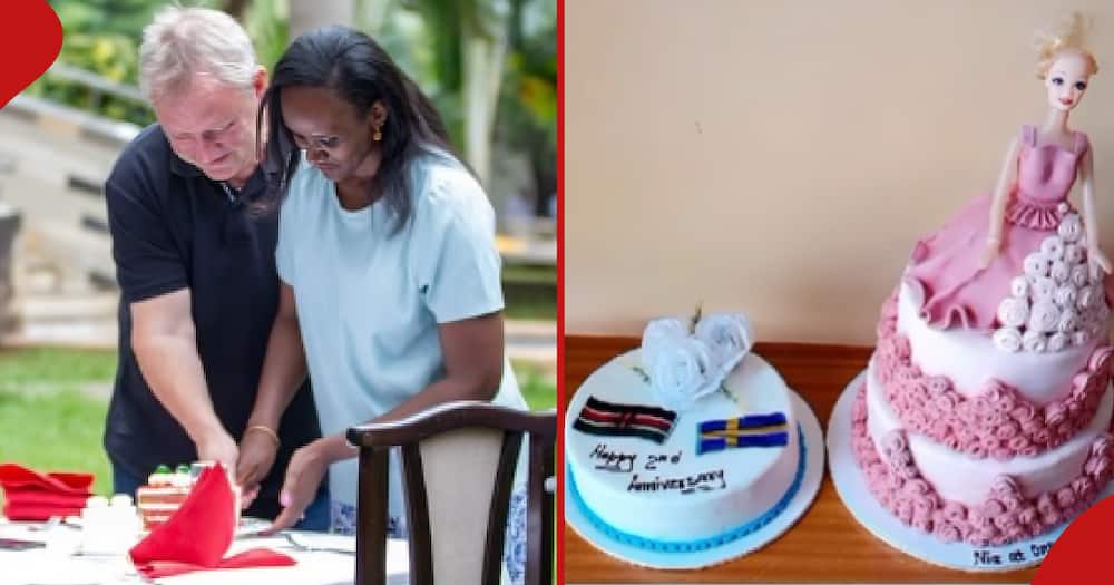 Kenyan lady Monicah and her mzungu hubby cutting a cake at a previous event (l). The couple's cakes for anniversary and birthday (r).