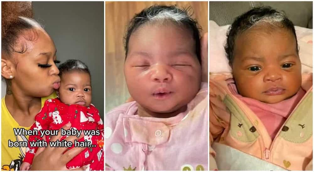Photos of a baby with a shiny white mark on her head.