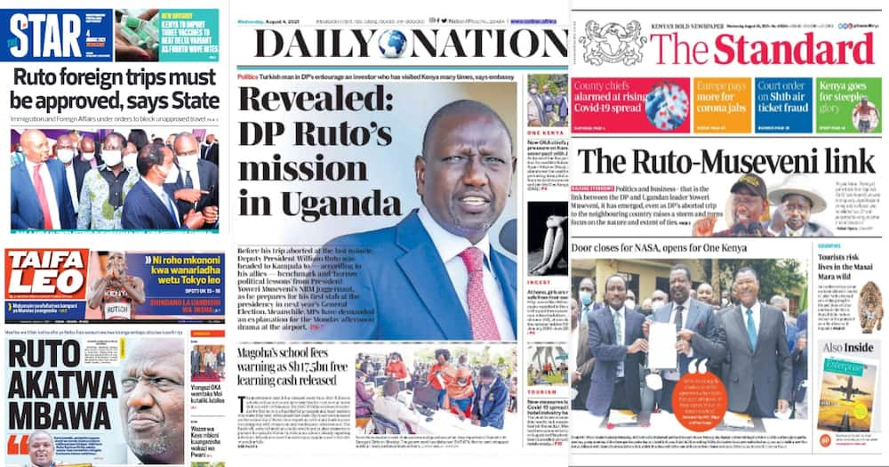 Magazeti Jumatano, Agosti 4: Ruto Haruhusiwi Kundoka Nchini Bila Ruhusa ya Uhuru