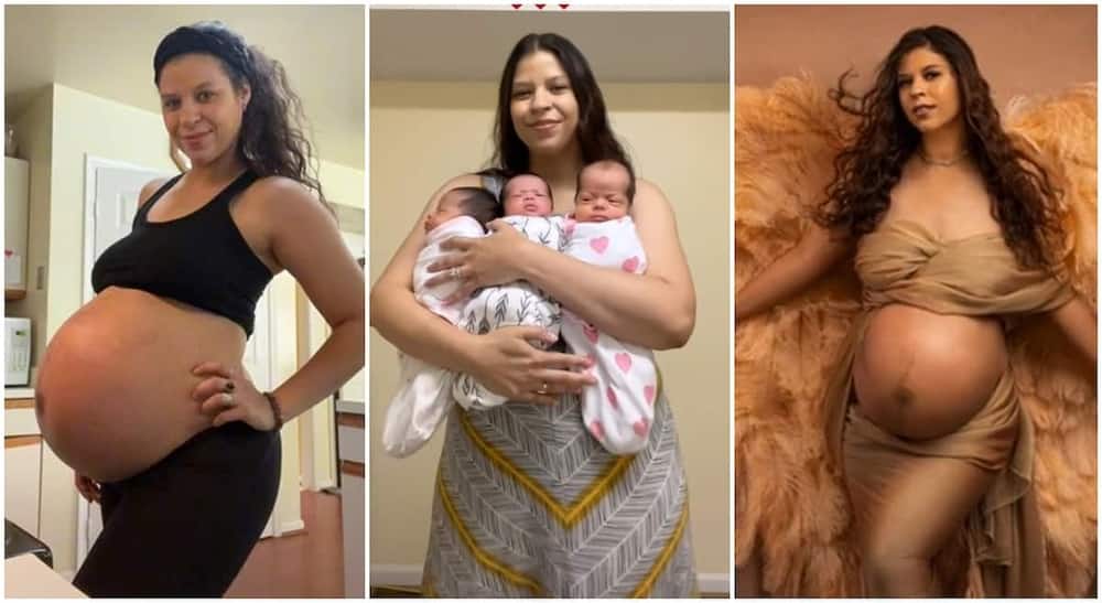 Mum who just welcomed triplets poses with her amazing babies.