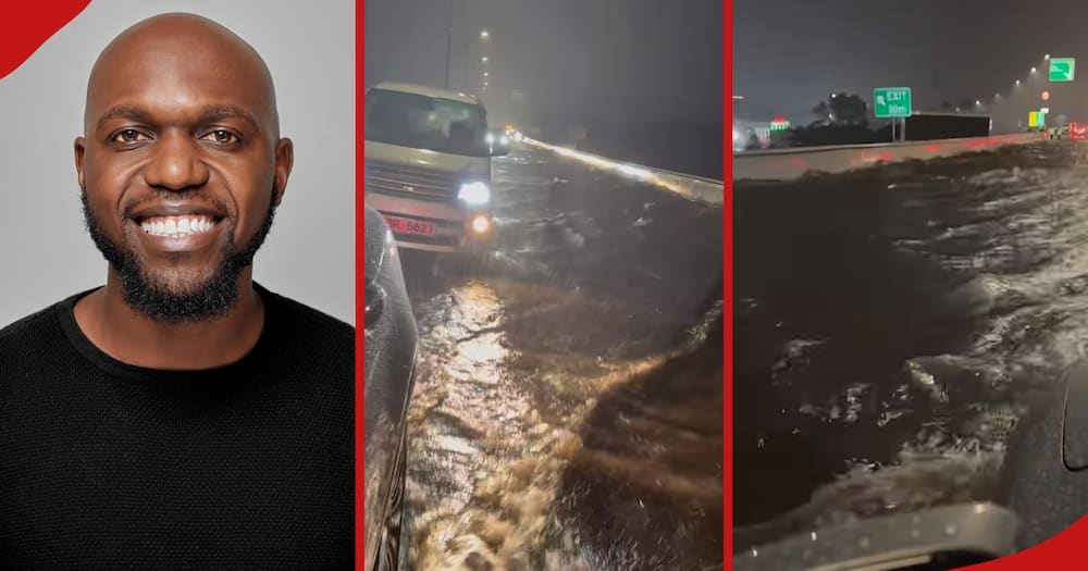 Larry Madowo smiles for a picture in the first frame from left while the second and third frames show cars wading through the flooded Nairobi Expressway on March 24