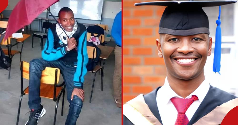 Samidoh poses for a photo in class (l). Samidoh at his graduation in JKUAT (r).