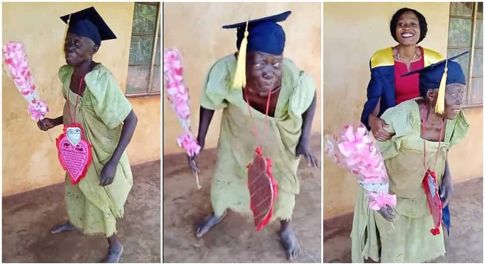 Photos of a mother dancing happily with daughter's grauation cap.