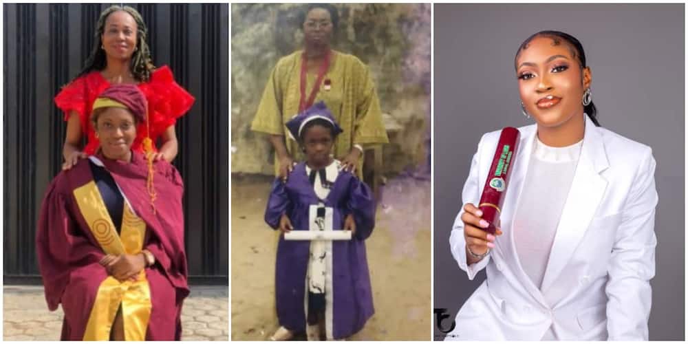 Your mum grew younger: Nigerian lady causes stir with her recreation of primary school graduation photo after 20 years