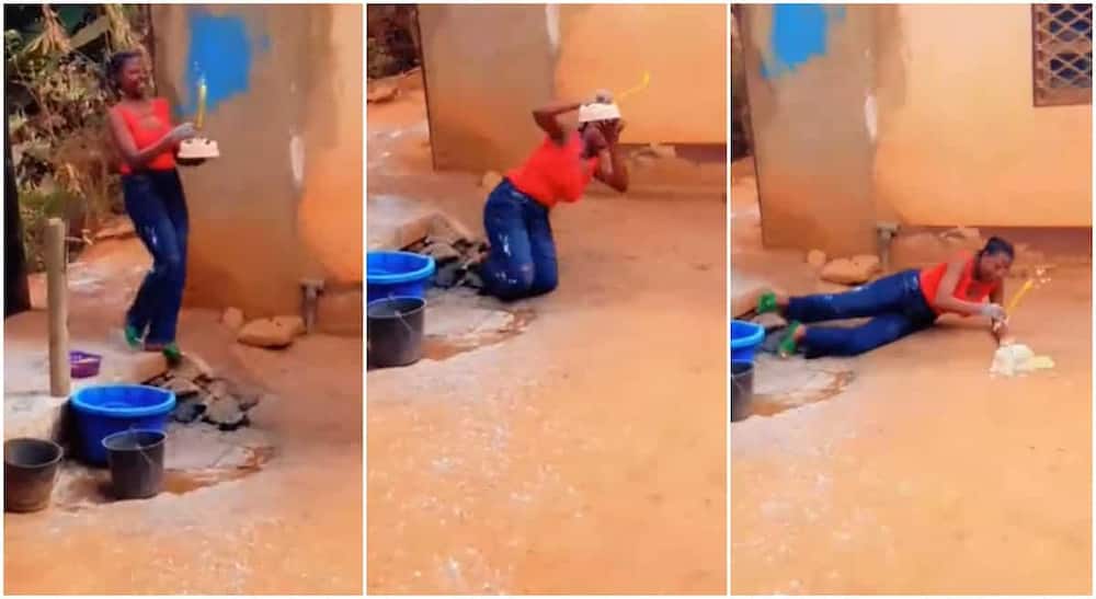 Photos of a lady who fell with cake in her hands.