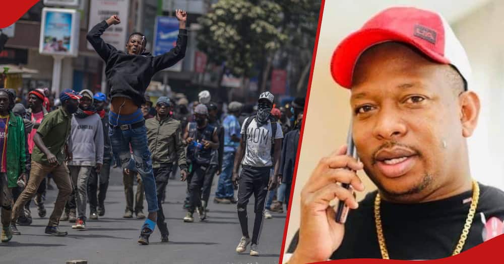 Collage of protesters (l) and Mike Sonko (r)