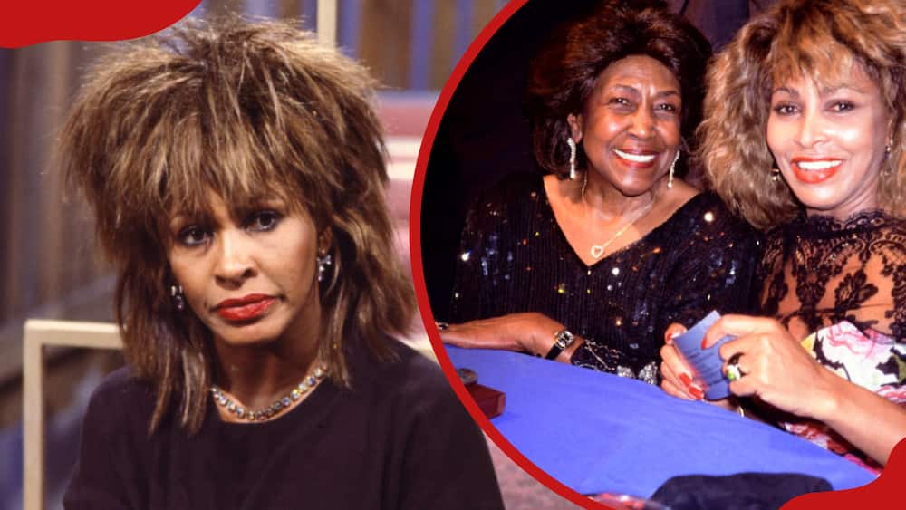 A collage of Tina Turner in an interview with MTV and Tina Turner with her mother Zelma Priscilla