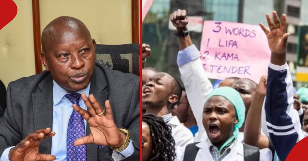 Governor Mutahi Kahiga (left frame) has ordered immediate firing of striking doctors.