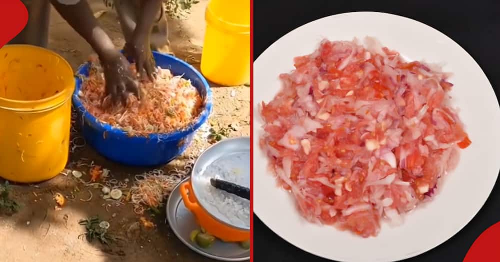 Man mixing kachumbari using hands (l) while (r) photo of kachumbari in a dish.