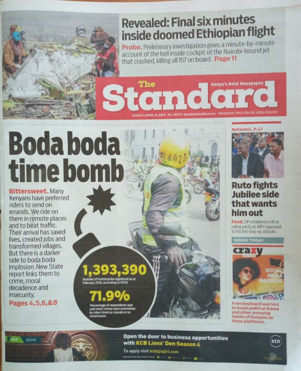 Kenyan newspapers review for April 8: Pilots in Ethiopian crash struggled to control plane during nosedive