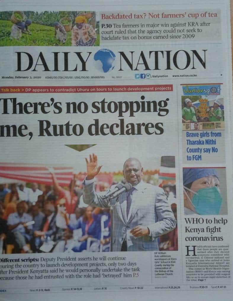 Kenyan newspapers review for February 3: Miscalculations made by DP William Ruto that may sink his 2022 dream