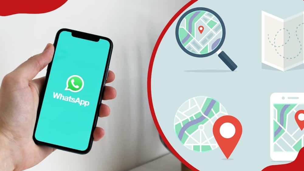 A photo collage of WhatsApp application on phone and a red location pin