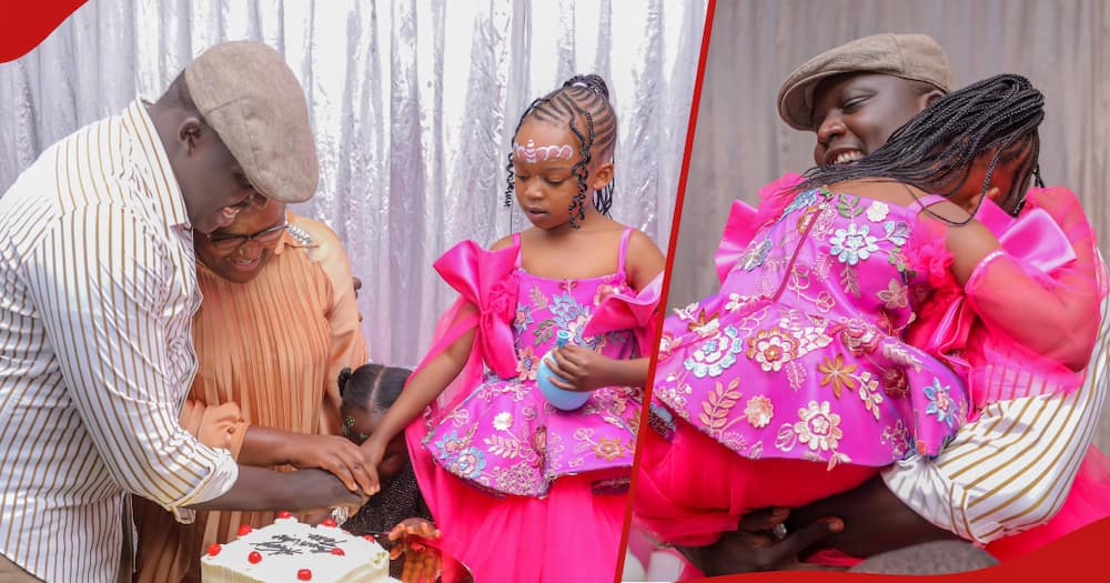 David Osiany cutting cake with his wife and daughter (l). David hugging his daughter (r).