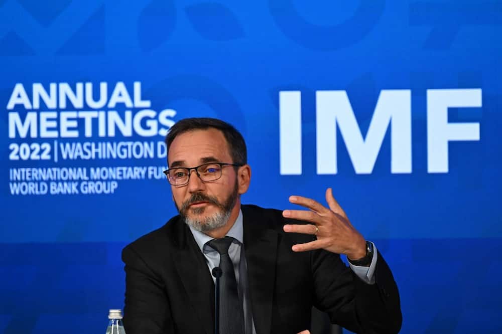 Chief economist of the International Monetary Fund, Pierre-Olivier Gourinchas, speaks at a press conference  following the publication of the Washington-based lender's October 2022 global outlook