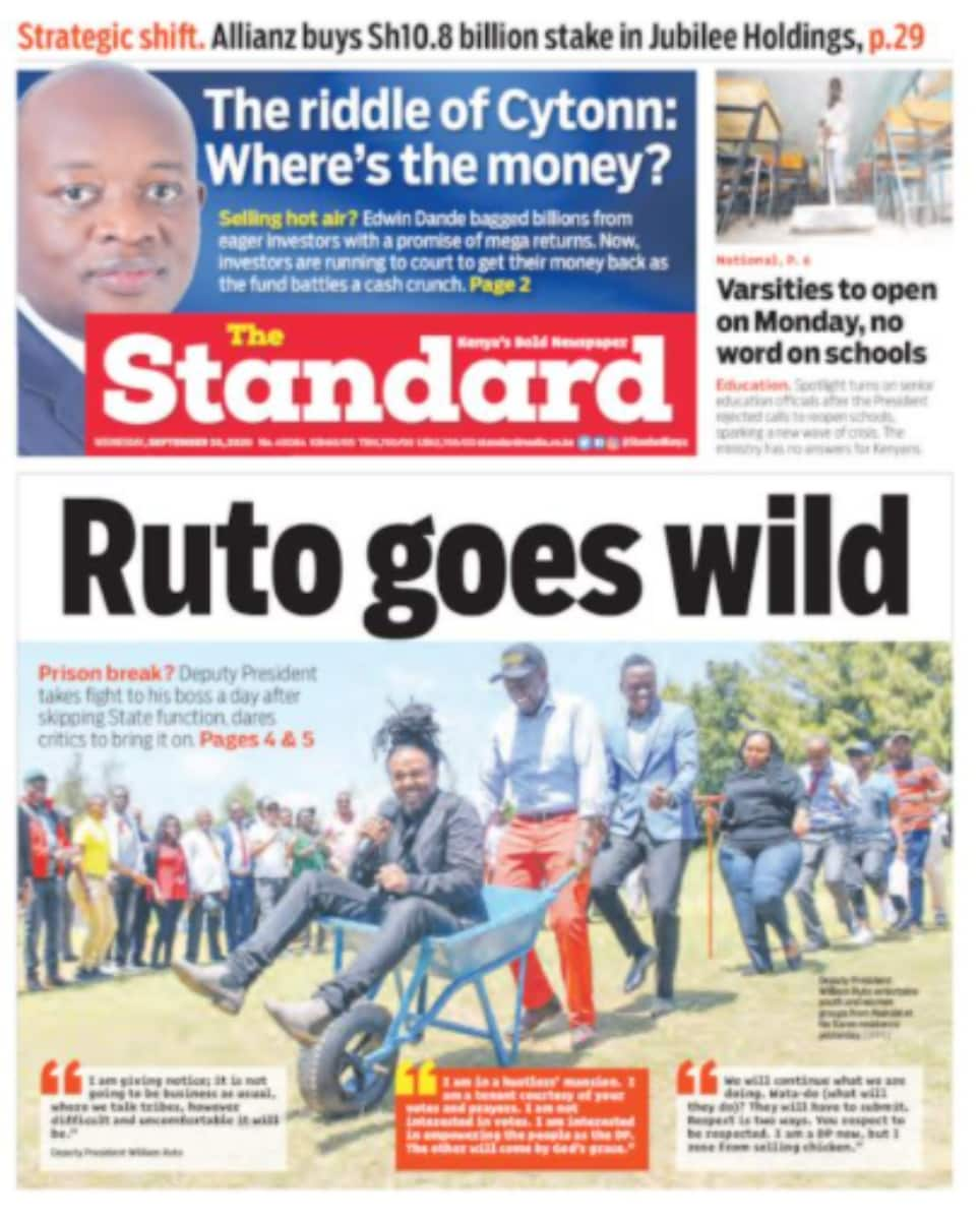 Magazeti ya Jumatano, Septemba 30: DP Ruto awatumia mahasidi wake onyo kali