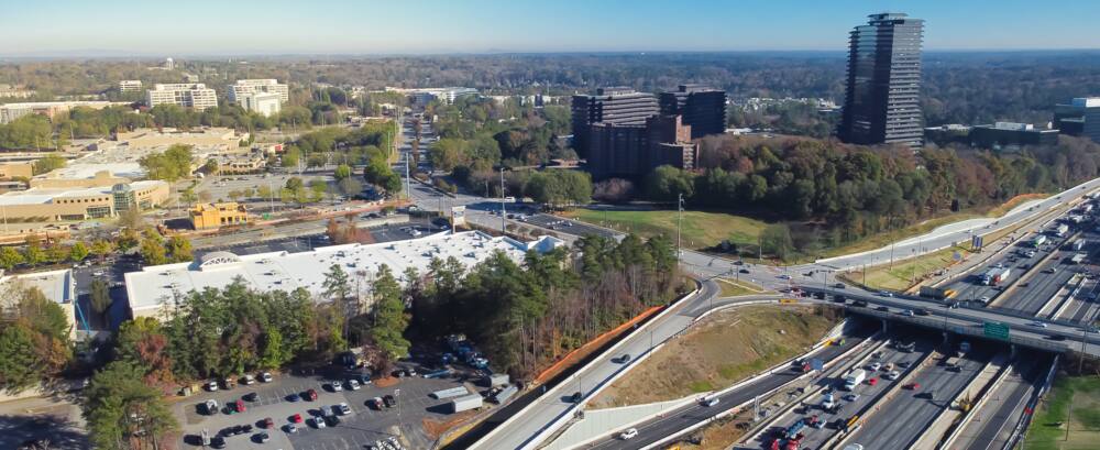 Panorama view of traffic on The Perimeter Interstate 285 highway in Candler Park
