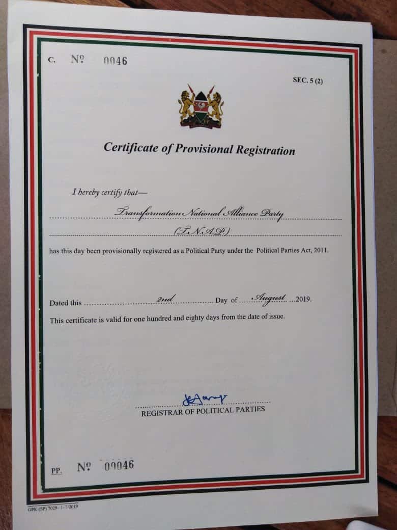 Moses Kuria's TNA gets provisional certificate from registrar of political parties