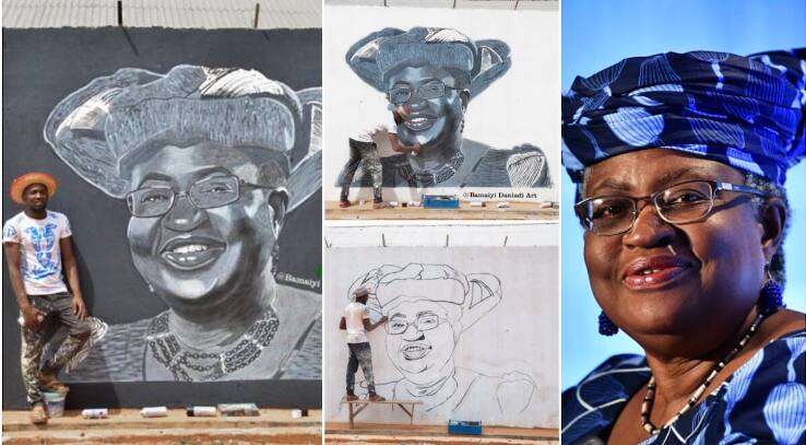 Young man paints WTO boss Okonjo Iweala on a big wall, photos of artwork go viral