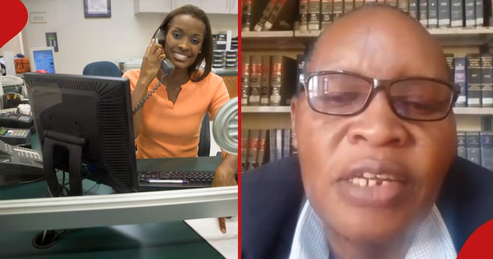 Left frame: A focused secretary multitasks at her desk with a phone call and computer work. Right frame: Obarimo, a Kenyan law and career expert.