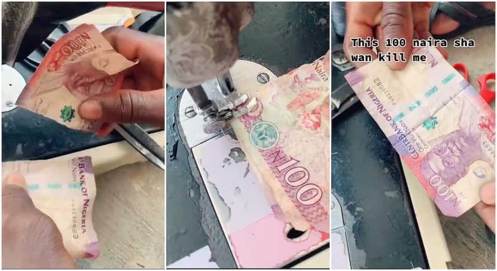 Photos of a man stitching N100 note.