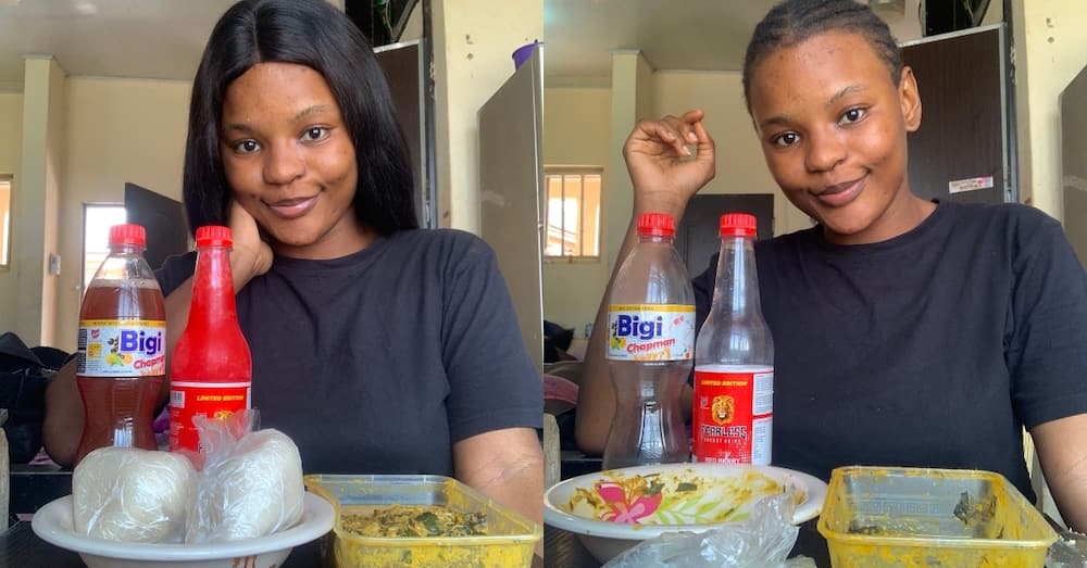 Fine girl demolishes 2 mountains of banku with large river of okro stew & drinks