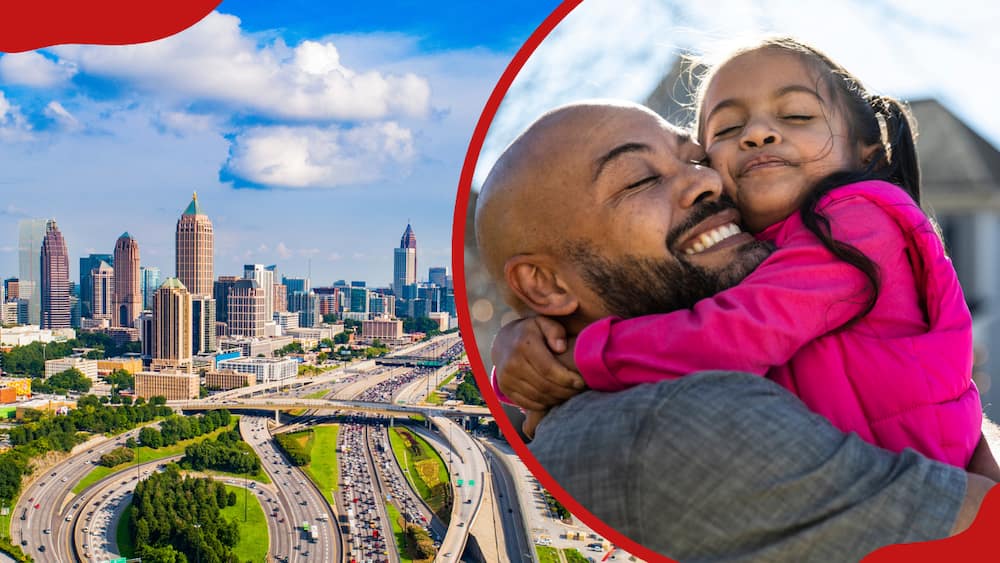 Aerial view of Atlanta, Georgia, USA Downtown Skyline (L) A father and daughter happily hugging (R)Photo: Cruck20