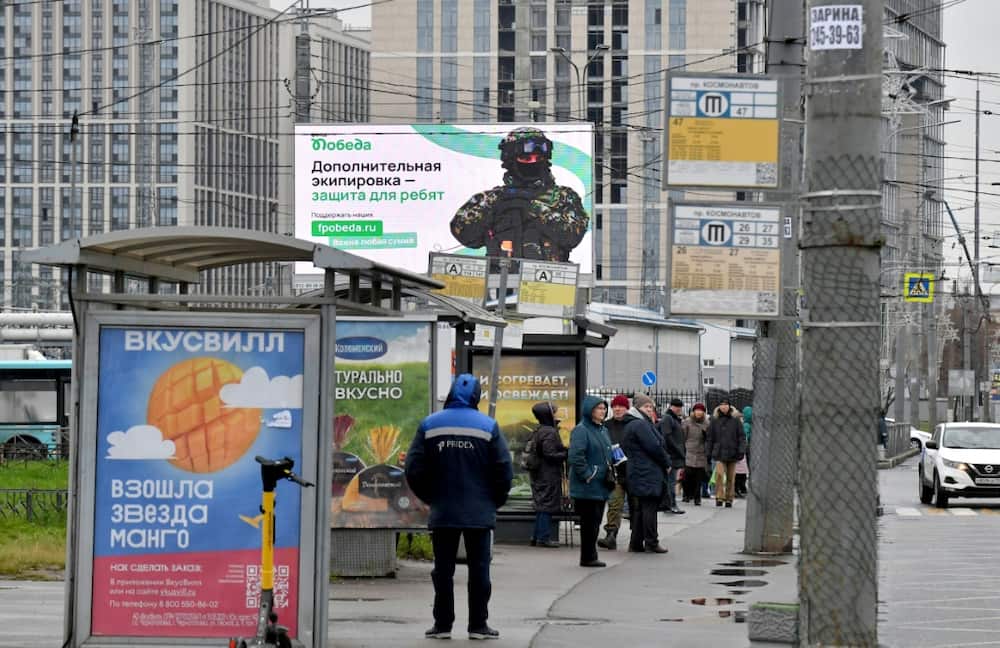 A billboard fund raising money for equipment for Russian servicemen participating in the ongoing military action in Ukraine