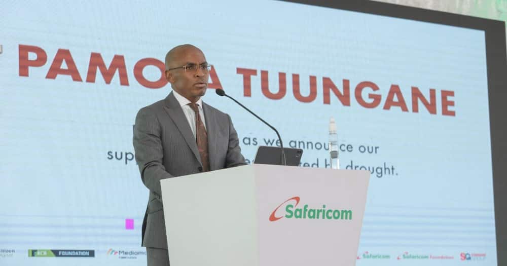 Safaricom CEO Peter Ndegwa speaking during the launch of the Pamoja Tuungane initiative.