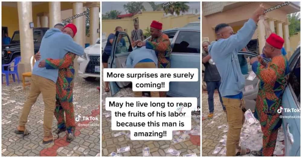 Nigerian man buys dad a car, abroad returnee, rains cash, Nigerians abroad stories