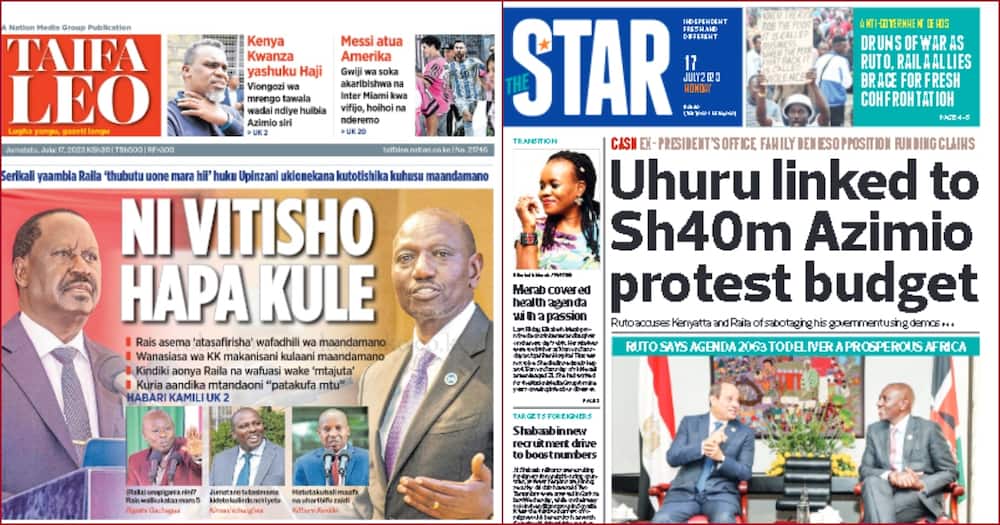 Magazeti ya Kenya Julai 17: Serikali Yadai Uhuru Kenyatta Alifadhili Maandamano ya Azimio kwa Kima cha KSh 40m