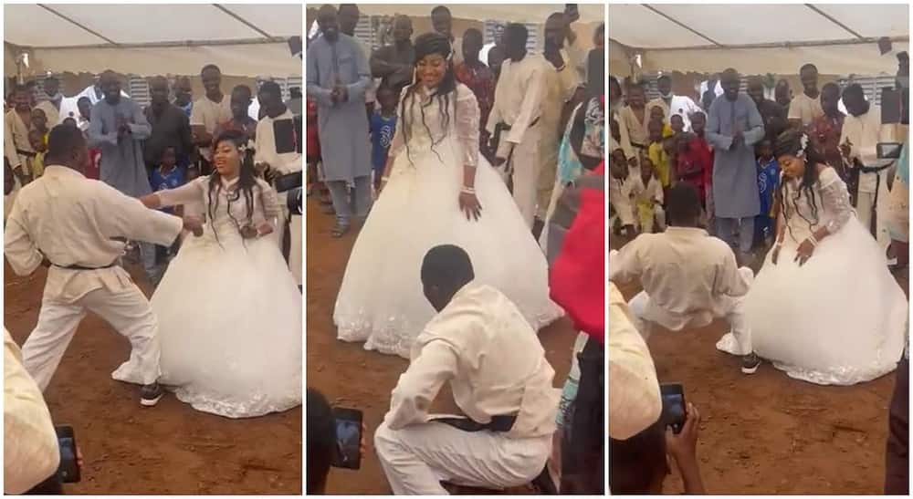 Photos of a bride performing symbolic karate moves during her wedding.