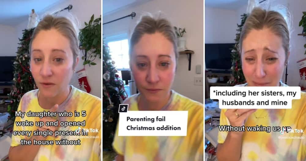 TikTok user Jessica Ciraulo crying after her toddler opened all the gifts alone. Photo: TikTok / Jessica Ciraulo.