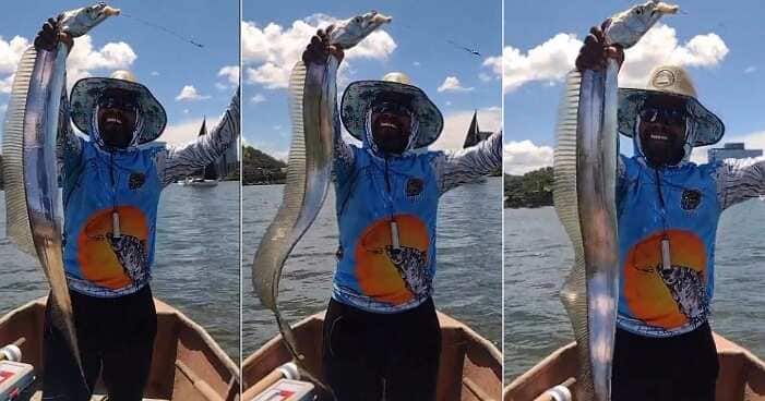 Fisherman shows off oarfish he caught