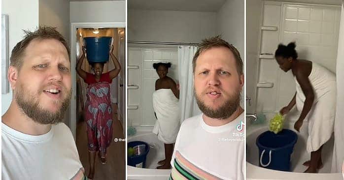 Oyinbo Man stunned, wife ignores shower, bucket of water