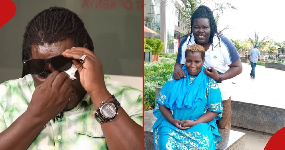 Alphonse Makokha teared up (left) after recalling his wife's battle with cancer (right).