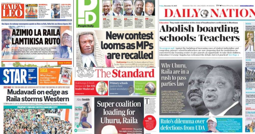 Kenyan newspapers. Photo: Screengrabs from The Standard, Daily Nation, The Star, People Daily and Taifa Leo.