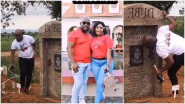 Emotional moment: man visits wife's grave, pops wine, poses for picture beside tombstone, many react