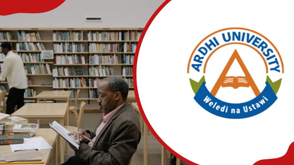 Students in a library and the Ardhi University logo