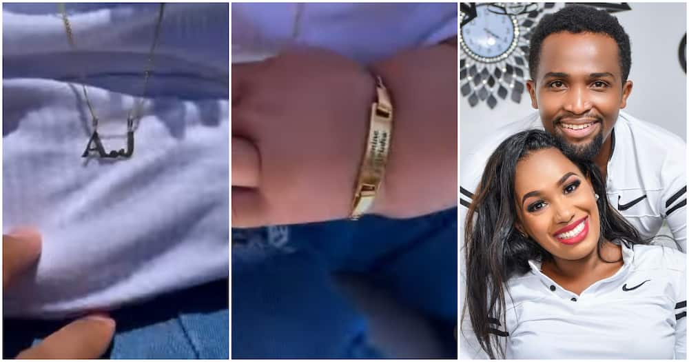 Grace Ekirapa and Pascal Tokodi (r) gift baby AJ gold chain (l) and bracelet (m).