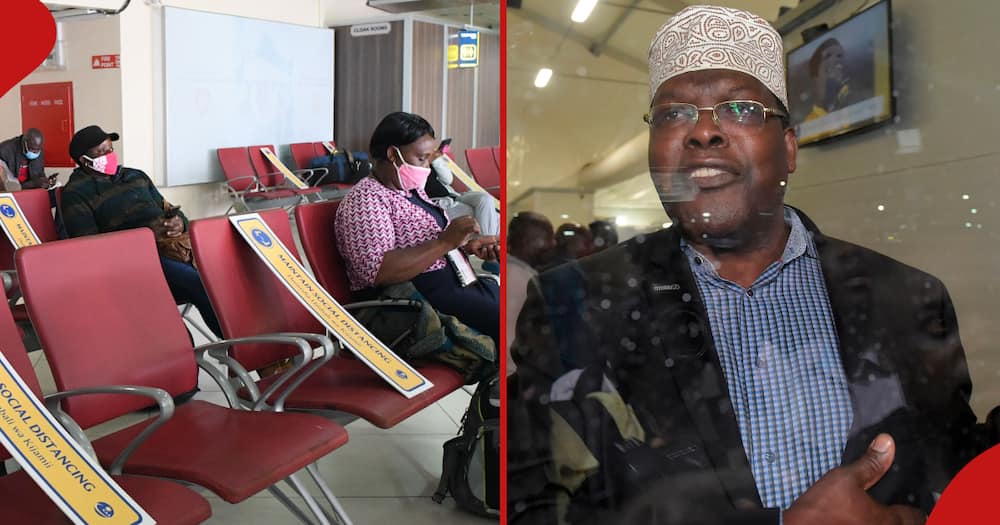Passengers waiting for their flight at JKIA and controversial lawyer Miguna Miguna.