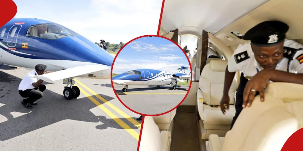 Left and inset: Exterior photos of the PI80 Piaggio Avanti II Evo aircraft. Right: The interior of the controversial aircraft.