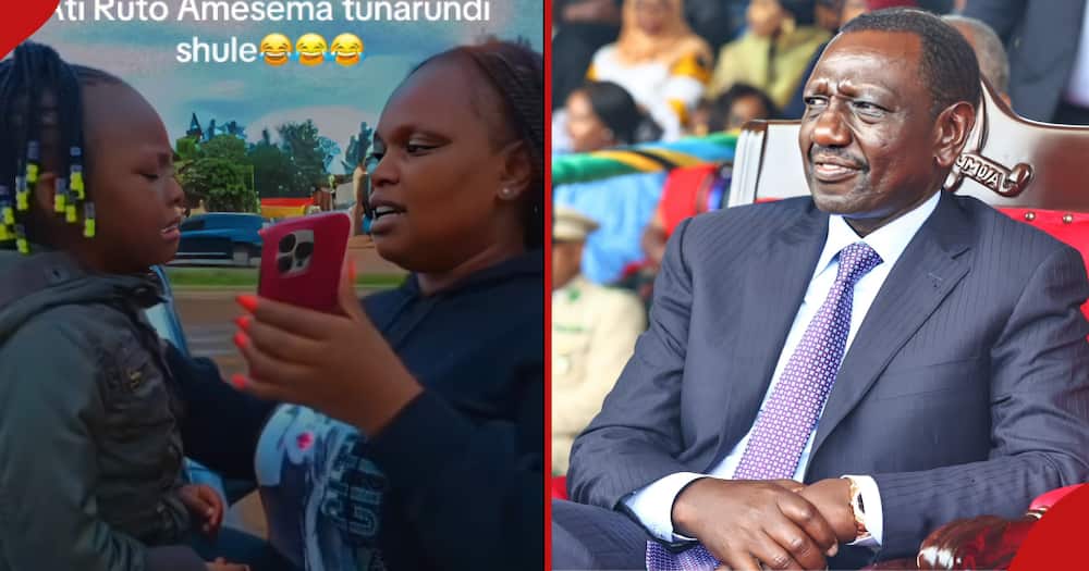 Little girl in tears after President William Ruto discloses school reopening dates (l). President Ruto during an anniversary celebration (r).