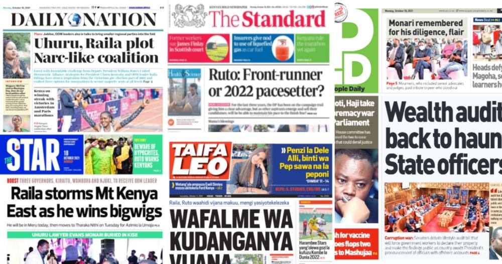 Magazeti Jumatatu, Oktoba 18: Mipano ya Raila Uuur Kubuni Muunano