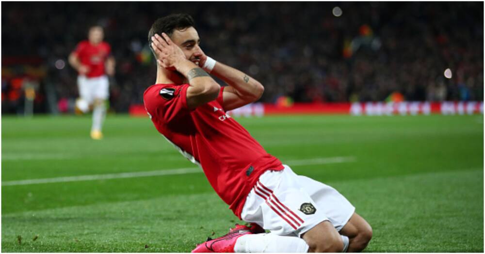 Bruno Fernandes celebrates after scoring for Man United. Photo: Getty Images.