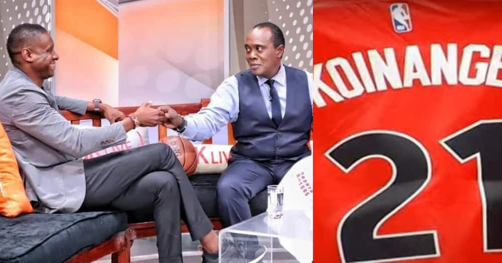 Jeff Koinange receives customise gifts from Raptors president Masai Ujiri.