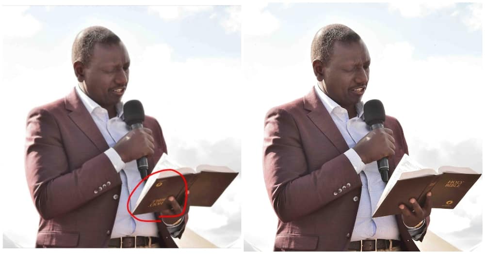 A reverse image search showed that the original photo has DP William Ruto holding the bible upright. Photo: PesaCheck
