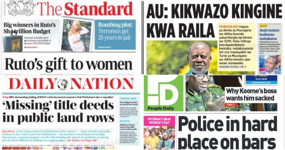 Kenyan newspaper headlines on Friday, March 8.